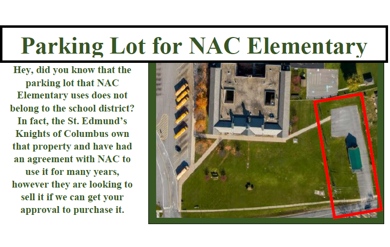 Hey, did you know that the parking lot that NAC Elementary uses does not belong to the school district? In fact, the St. Edmund’s  Knights of Columbus own that property and have had an agreement with NAC to use it for many years, however they are looking to sell it if we can get your approval to purchase it.